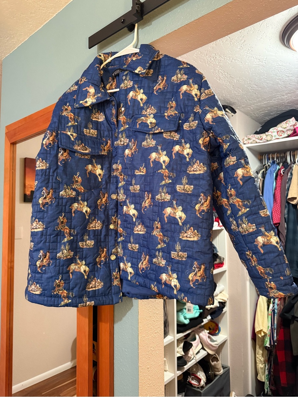 Womens Navy Quilted Cowboy Print Jacket